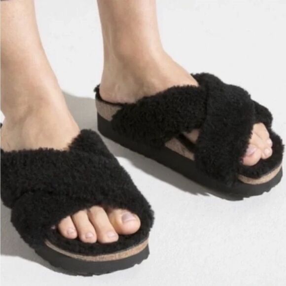 BIRKENSTOCK PAPILLIO Women Black Daytona Teddy Platform Sandal Slide 6/37 - Picture 4 of 9